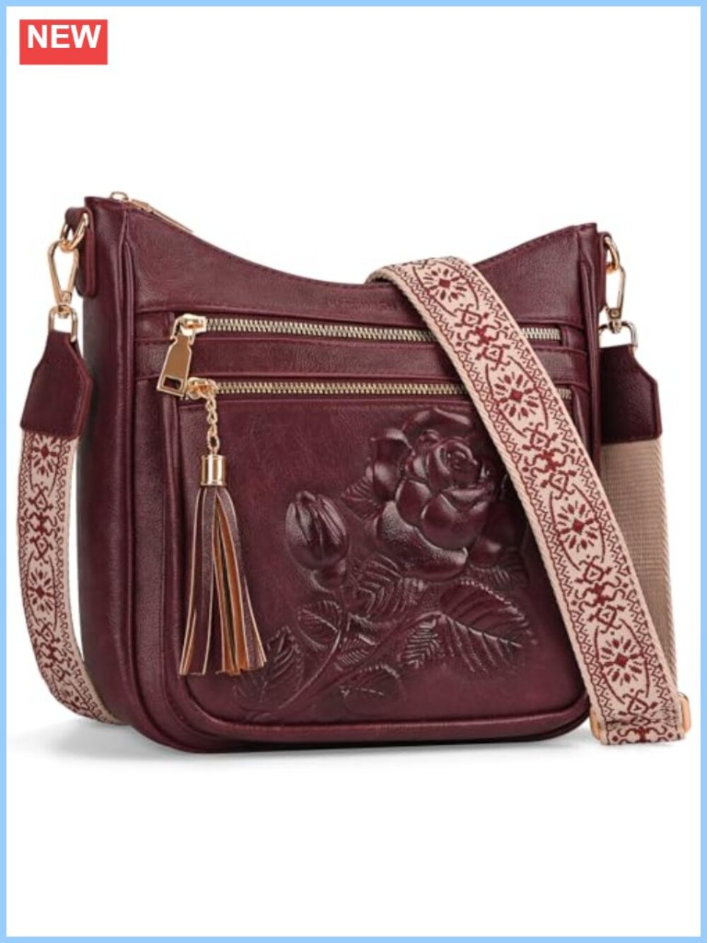 Vegan Leather Crossbody Bag Embossed Rose Floral Purse Adjustable Boho Strap
